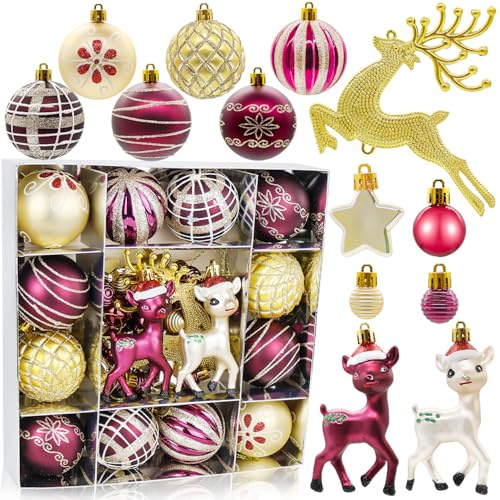 44PCS Christmas Baubles Plastic Shatterproof Hanging Ornaments for Christmas Tree Decorations, Red Xmas Tree Baubles, Deep Red Deer