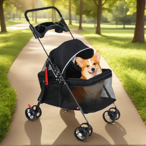 Pet Stroller for Dogs & Cats – 4-Wheel Foldable Pet Jogger with Storage Basket, Cup Holder & Breathable Mesh – Medium/Small Pets