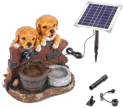 esotec Solar Gartenbrunnen Wasserspiel Hundewelpen Solarbrunnen Akku 101335 | Solarbrunnen Hunde Freunde, 6Wp Solarmodul, LiFePO4 Akku wechselbar, Polyresin, Trockenlaufschutz, Durchflussregler, H37cm