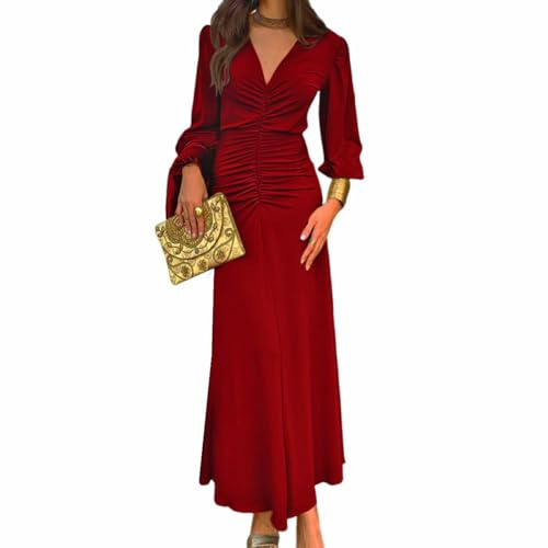 AOWVUTS Abito Lungo Donna Vestito Manica Lunga con Scollo a V Profondo Elegante Maxi Abito da Sera Increspato Causal Abiti Damigella d'Onore da Cerimonia Ballo Festa Cocktail Autunno Iinverno
