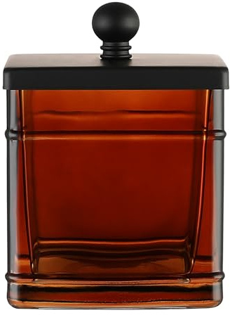 Indecor Home Amber Glass Cotton Jar Holder – Black Lid Elegant Bathroom Storage Canister for Qtips, Cotton Balls, Floss, Makeup Organizer, Vanity & Bathroom Organization