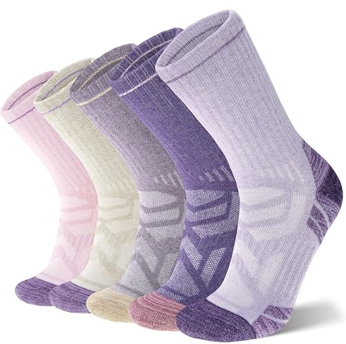 ANTSANG Merino Wool Hiking Socks, Enhanced Breathability, Targeted Cushion Thermal Socks for Men and Women, 5 Pairs(Pink/Purple, M)