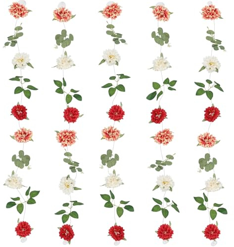 CEWUDA 5 Stück Künstliche Girlande Blumengirlande Hängen Seide Blumenrebe Girlande Seidenblumen Rose Pfingstrosen Hängende Kunstblumen Ranke für Hochzeit Party Garten Zimmer Balkon Wand Deko 1,8M