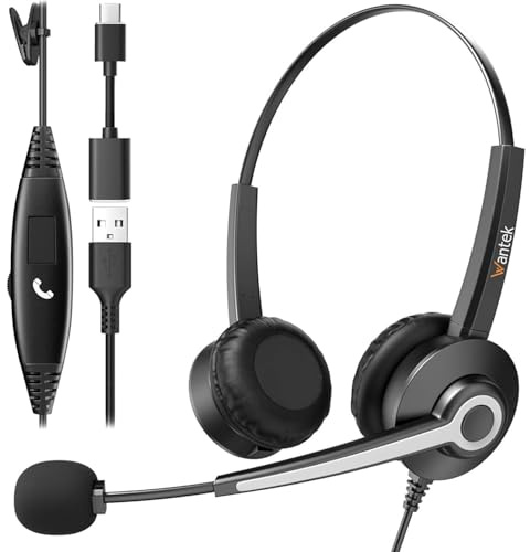 Wantek USB Headset with Microphone for PC Laptop,USB/Type-C/Quick Disconnect Jack 3-In-1 Headphones with Noise Cancelling & Audio Controls,Teams Headset for Office/Call Center/Work (Binaural)