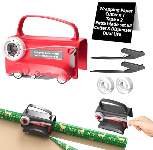 Vasmeiy Geschenkpapier Schneider für Rollen,1 Tragbare Papierschneider,Rot | mit Rädern, Wird mit 2 Klebebändern und 2 austauschbaren Klingen, für Geschenkpapier, Geburtstag, Weihnachten usw