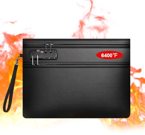 Feuerfeste Dokumententasche, 6400℉ Feuerfeste Tasche mit Schloss, 12-lagige Wärmedämmung, Doppeltem Reißverschlussfach Tresor Feuerfest Wasserdicht Geldtasche, Schwarz, 36x26cm