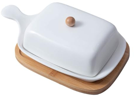 Mantequera de cerámica con bandeja de bambú, rectangular, diseño simple y puro, ideal for guardar mantequilla y queso en la cocina. Bandeja de postres
