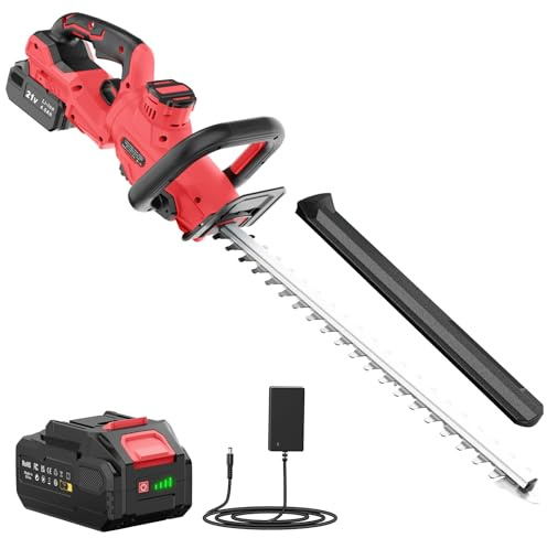 Cortasetos Bateria 21V, Cortasetos Eléctrico con 4.0Ah Bateria, 180° Ajustable Podadora, 51 cm Longitud Hoja, 16 mm Espacio Entre Dientes, Cubierta Cuchillas para Setos, Ramas, Arbustos, Ramitas