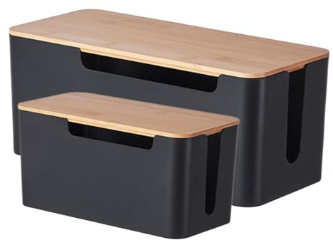 Boîte de rangement pour multiprise – Étui de rangement double pour cordons, couvercle en bois robuste, découpes de câble faciles d'accès, rangement compact | Gestion des fils pour hub USB, routeurs