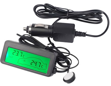 Thermomètre de voiture numérique LCD 12 V pour jauge de température intérieure et extérieure avec fil de capteur de 1,5 m, écran rétroéclairé bleu, noir
