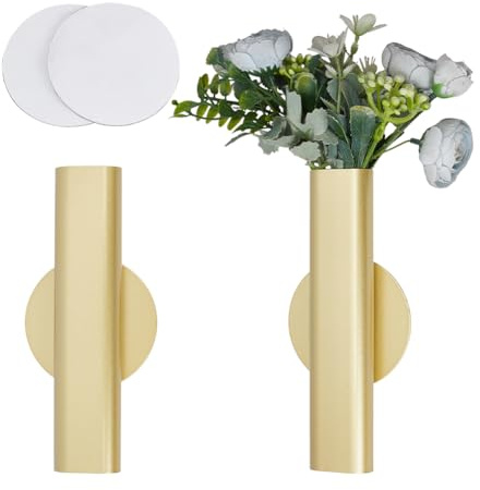OLYCRAFT 2 Set 7 Wall-Mounted Flower Tube Golden Top/Bottom Open Vase Wall Metal Flowers Tube Decoration Holder with 2 Sheets Double Sides Adhesive Tapes for Flower Display Home Decoration