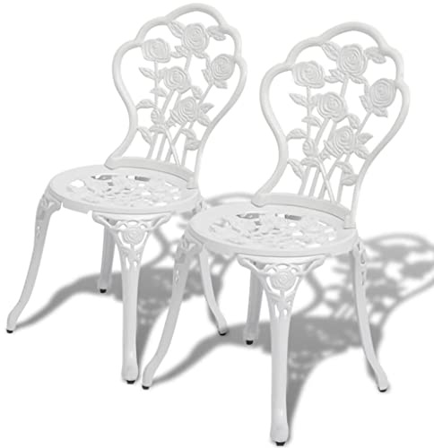 Runheo Bistrostühle 2er Set, Aluminiumguss Weiß, 41x49x81.5cm, wetterfest, dekoratives Blumenmuster für Garten, Terrasse, Balkon, Bequeme Outdoor Stühle