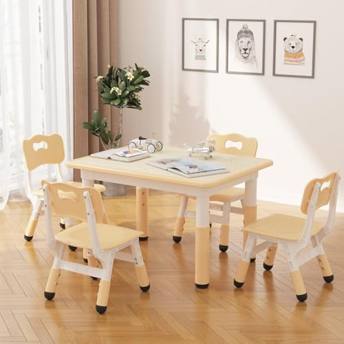 RBFGYIOP Set Tavolo e 4 Sedie per Bambini Regolabile - Gruppo Seduta Ergonomico Antiscivolo - Piano Effetto Legno Facile da Pulire - Ideale per Bambini 2-10 Anni in Casa, Asilo e Cameretta - Colore