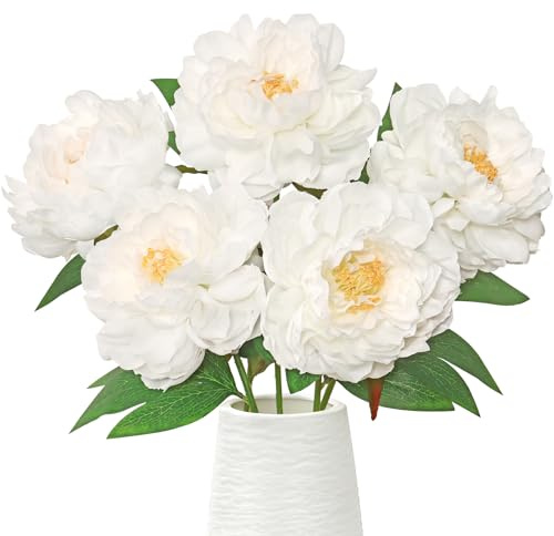 6PCS White Peonies Artificial Flowers Fake Peony Flower Stem for Home Decor | 16 Inch Silk Flowers, Realistic, Faux Peonies with Stems Leaves, Floral Arrangements, Vase Wedding Tables Centerpieces Decor