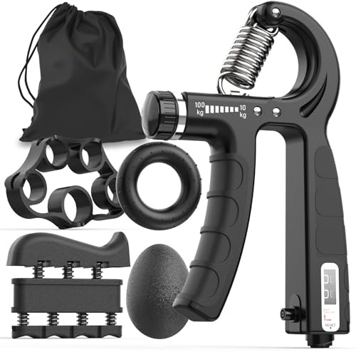 Grip Strength Trainer Kit, 5-pack, justerbart 10-100 kg motstånd, handgrepp med räkning, underarmsförstärkare för muskelbyggande