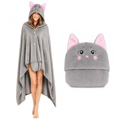 Emwwat Decke Mit ärmeln Und Kapuze,Hoodie Decke Flanell Sofadecke,Warm,Kuscheldecke Flauschig Graue Katze,Katzen Geschenke für Zuhause Reisen Geburtstagsgeschenk und Tierliebhaber