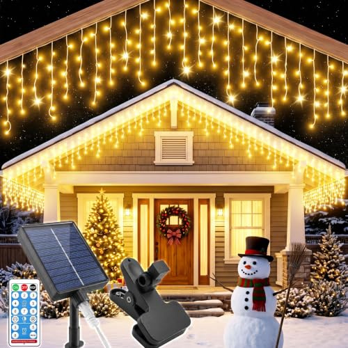 HEYCOLOR 240 LED 12m Solar Eisregen Lichterkette Warmweiß mit USB | Weihnachten Solar Lichterkette Outdoor 8 Modi Timer，Wetterfest Lichtervorhang mit Fernbedienung für Party Balkon Vorbau