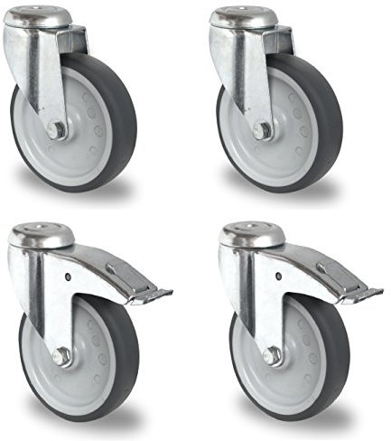 Satz Apparaterolle Lenkrolle mit ohne Bremse 100 mm ohne Feststeller Gummi grau-spurlos Rückenloch Möbelrolle Transportrolle