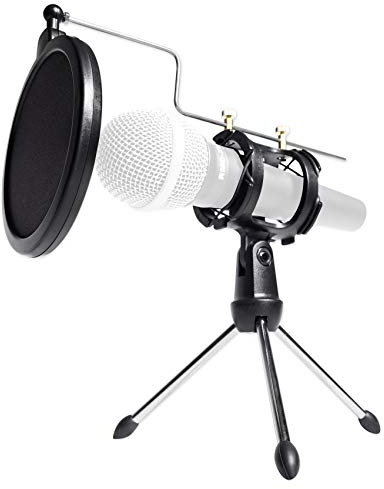 Rockville RTMS21 Desktop Tripod Microphone Stand with Pop Filter + Shock Mount | Adjustable Angle, Recording/Podcasting/Broadcasting, Fits Mics Up to 36mm, Detachable, Lightweight, Rubber Feet