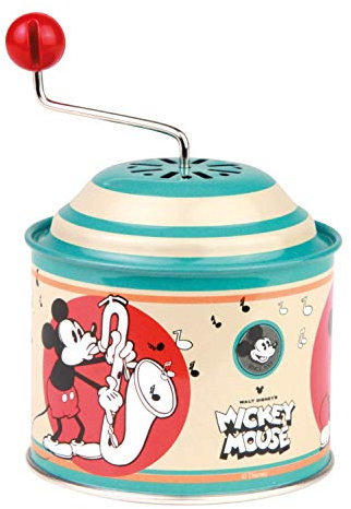 Lena tin Toys 52766 - Musikdrehdose Disney Mickey Mouse, Musikdose ca. 10,5 x 7,5 cm, Blechdrehdose mit Melodie Einzug der Gladiatoren, Drehdose aus Metall, Drehorgel für Kinder ab 18 Monate, Orgel, Bunt