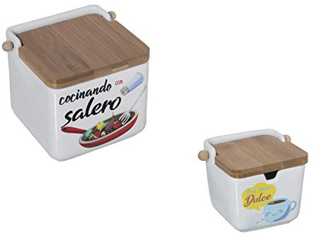 DRW Original cerámica Cuadrado con Tapa bambú 12x12x12 cm (Pack salero y azucarero Divertidos 2)