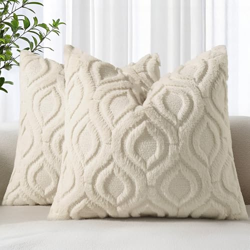 decorUhome 2er Set Kunstpelz Kissenbezüge 40x40cm, Dekorativer Weicher Plüsch Flauschiger Samt Kissenbezug 16X16 Zoll, Quadratische Boho Neutral Kissenbezug für Sofa, Beige