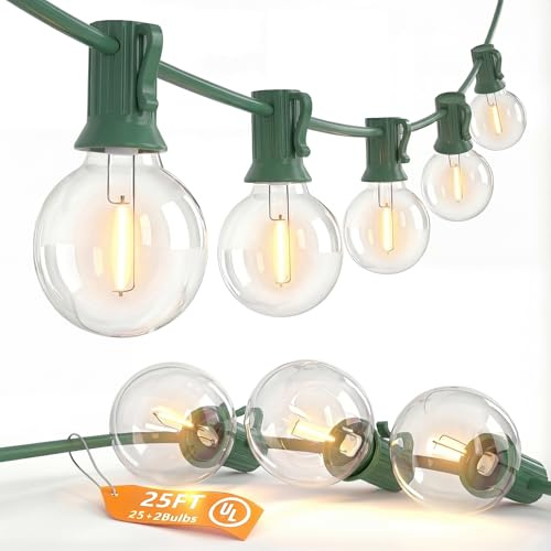 SUNSGNE 25Ft Round Christmas Lights Outdoor, G40 Globe String Lights with 27 LED Clear Lights(2 Spare), Green Wire String Lights for Yard Patio Porch Tent Pergola Backyard Christmas Decorations