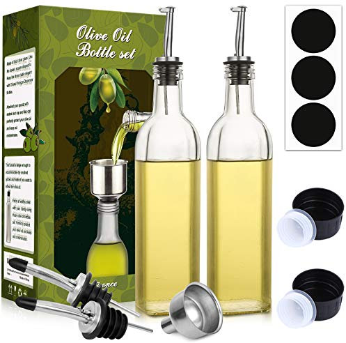 AOZITA Glas Ölflasche, 2PCS 500 ml Öl und Essigmenage mit Ausgießern, Etikett und Trichter –Auslaufsicher und Tropffrei zum Kochen, Salat, Grillen