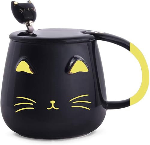 Sevitini Katzen Tassen, Katzentasse mit deckel und löffel, 450ml, neuheit süße Cat mug mit edelstahl löffel, für weihnachten für Frauen Mädchen Katzenliebhaber (Schwarz)