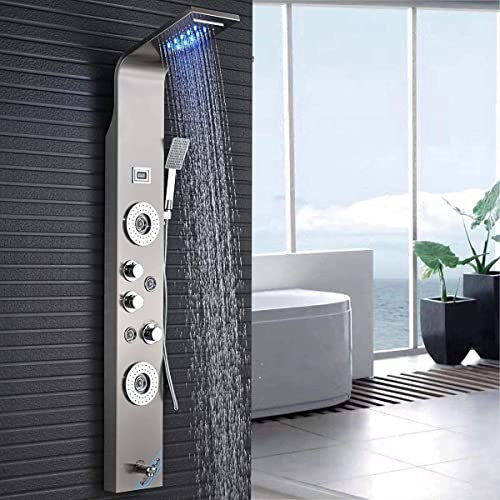 Pannello doccia LED in acciaio inox con indicatore di temperatura e 2 funzioni di massaggio, colore: nichel spazzolato