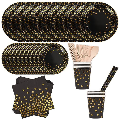 Trimming Shop Black Polka Dot Party Tableware Set, 80 Pieces | Complete 80-Piece Disposable Set Includes Plates, Cups, Napkins, Cutlery And Straws For Birthdays, Weddings & Parties