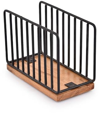 Black Iron Wire Tabletop Upright Napkin Holder with Mango Wood Base for Kitchen Dinner Table, Countertop (15.24cm x 7.62cm x 11.43cm)