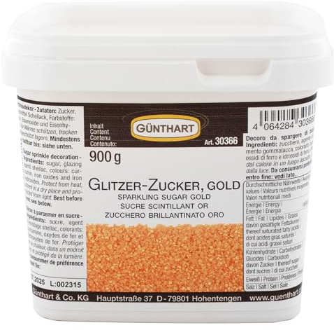 Günthart Glitzer Zucker Gold Kristalle aus Zucker im Eimer zum Dekorieren, 1er Pack (1 x 900)