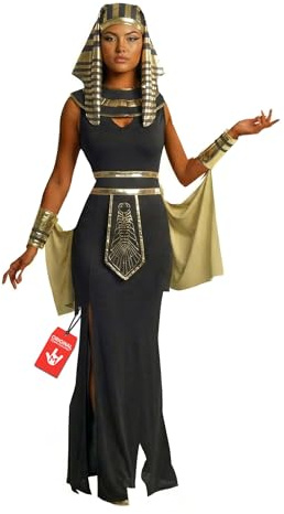 Morph Disfraz Cleopatra Mujer, Disfraz Egipcio Halloween Mujer | Vestido Negro, Tocado Dorado, Brazaletes, Capa & Collar, Reina del Nilo, Perfecto para Halloween, Ideal para Disfrazarse