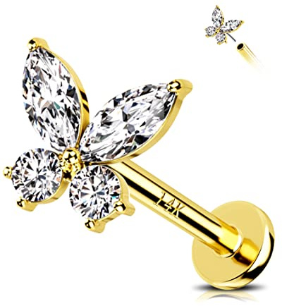 Jewseen 14K Gold Top Push in Threadless Studs Schmetterling Flat Back Ohrring Knorpel Ohrring Helix Piercing Schmuck Nase Piercing für Frauen Männer Gold Barbell
