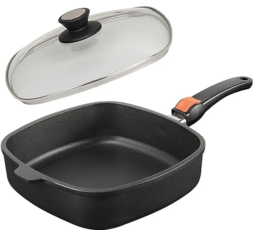 SKK große 2-tlg. Bratpfanne 26x26 cm - Induktion - eckige beschichtete Aluguss Hochrandpfanne - Stiel abnehmbar & Glasdeckel - Made in Germany