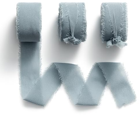 MORSUNBELA Geschenkband Breit Schleifenband Hochzeit Chiffonband Grau | 3 Rollen Chiffonband mit Fransen, 25 mm x 6,4 m,breites Geschenkband für Hochzeit,Geburtstag,Geschenkverpackung