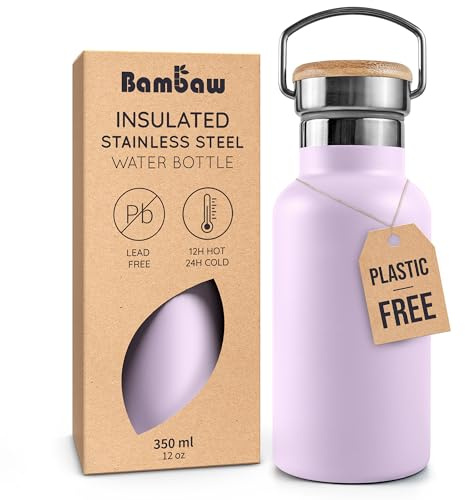 Bambaw Botella Termica 350 ml, Botella Agua Acero Inoxidable 350 ml Resistente a la Corrosión y Reutilizable, Cantimplora Agua Ideal para Viajes y Deportes, Garrafa Inox con Asa (Lila Lavanda)