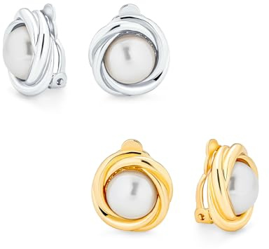 Conjunto De Dos Pendientes De Clip Con Perlas Simuladas Blancas Enmarcadas Con Cable Para Mujeres Sin Perforaciones En Las Orejas Bañados En Oro De 14 Quilates