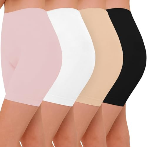 Lot de 4 Short Leggings Sport Femme sous Jupe ou Robe Anti-frottement Pantalons de Cyclisme pour Femme Legging Court sans Couture Boxer Short Sécurité (Noir Blanc Nude Rose, M)