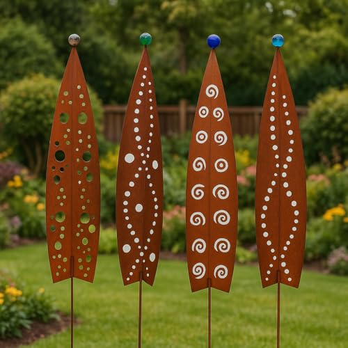 Zen Man Edelrost Gartendeko Gartenstecker Skulpture aus Metall mit Glaskugel B27cmH148cm (031829: Grün)