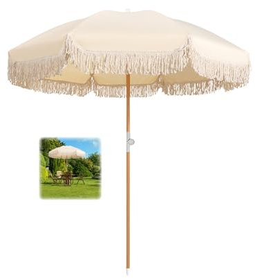 Grand Parasol De Jardin Exterieur 180cm Beige Parasol Balcon Inclinable Avec Frange Parasol Plage Anti Uv Parasol De Plage Anti Vent Avec Sac De Transport Pour Balcon Jardin Terrasse Plage/8 Baleines