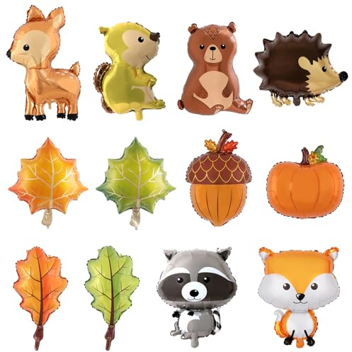 KUAOOAUK 12 Stück Woodland Tiere Ballons, Eichhörnchen Tannenzapfen Ahornblatt Folienballons, Folienballon Waldtiere für Dschungel Safari Woodland Tier Thematische Geburtstag Party Dekorationen