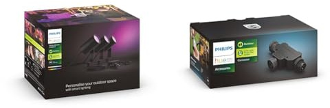 Philips Hue White & Color Ambiance Lily Gartenstrahler 3-er Pack & Outdoor T-Stecker, Zubehör Niedervolt-System, schwarz, wetterfest (IP67)
