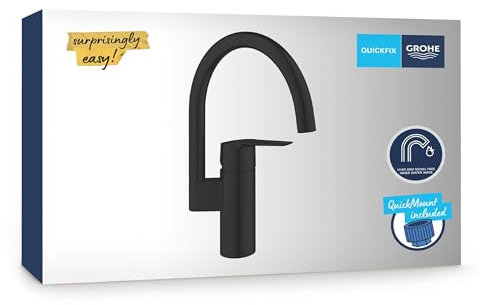 GROHE Start, Küchenarmatur (Wasserhahn für die Küche, 150° schwenkbar, wassersparende Mischbatterie dank variabler Mengenbegrenzung, werkzeugfreie Spülbecken-Montage), schwarz, 304692430
