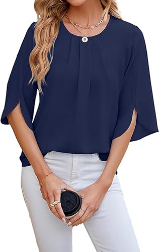 Haibang Camicia Donna Elegante a Manica a 3/4 Chiffon Blusa Girocollo Tunica Maglia Plissettata Camicetta Estiva Manica Corta Casual Colore Puro T-Shirt Top