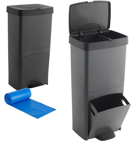 Pack Cubo de basura o reciclaje 70L, VERTICAL, 2 Compartimentos, Papelera residuos INCLUYE bolsas de basura adaptadas: 1 rollo 30L (15 bolsas)