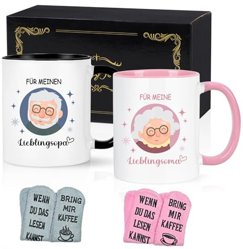 Joymaking Tasse für Lieblingsoma Lieblingsopa, Geschenkidee mit lustigen Socken für OMA OPA zum Geburtstag, Vatertag, Muttertag, Weihnachtsgeschenke für Großeltern Kaffeetasse, 320ml Schwarz Rosa