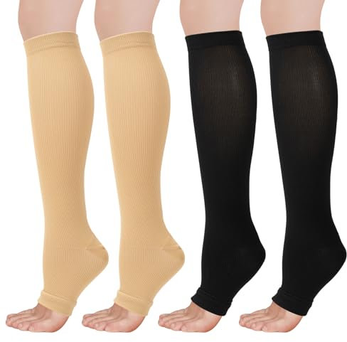 Flight Compression Socks for Women & Men, 2 Pairs Toeless Compression Stockings, Supports Socks Varicose Veins Socks for Maternity Pregnancy, Flying, Running Sports, Nurse (L/XL)