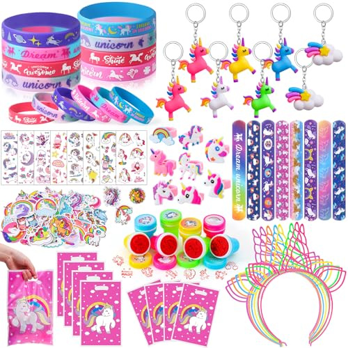 118Stk Einhorn Party Mitgebsel Kindergeburtstag Mädchen Gastgeschenke mit Einhorn Haarreif Schnapparmband Schlüsselanhänger Ringe Stempel Aufkleber Tattoos Geschenktüten Geburtstag Give Aways